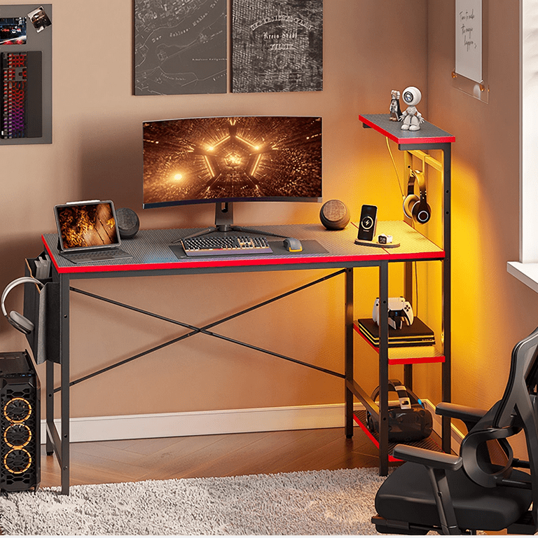 Bestier 44 Inch Gaming Desk, 4 Tier Shelf Computer Desk with LED