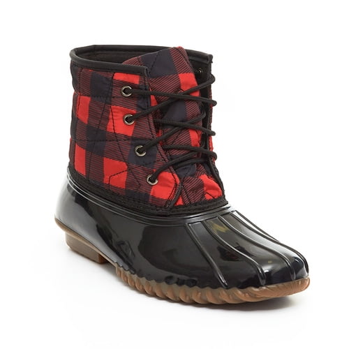 Waterproof Nylon Plaid Duck Boots-Red 