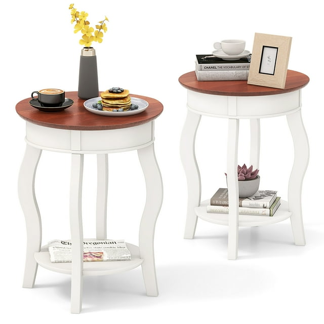Patiojoy 2pcs 2-Tier Round End Table Floor Tea Table with Solid Rubber Wood Legs White & Walnut