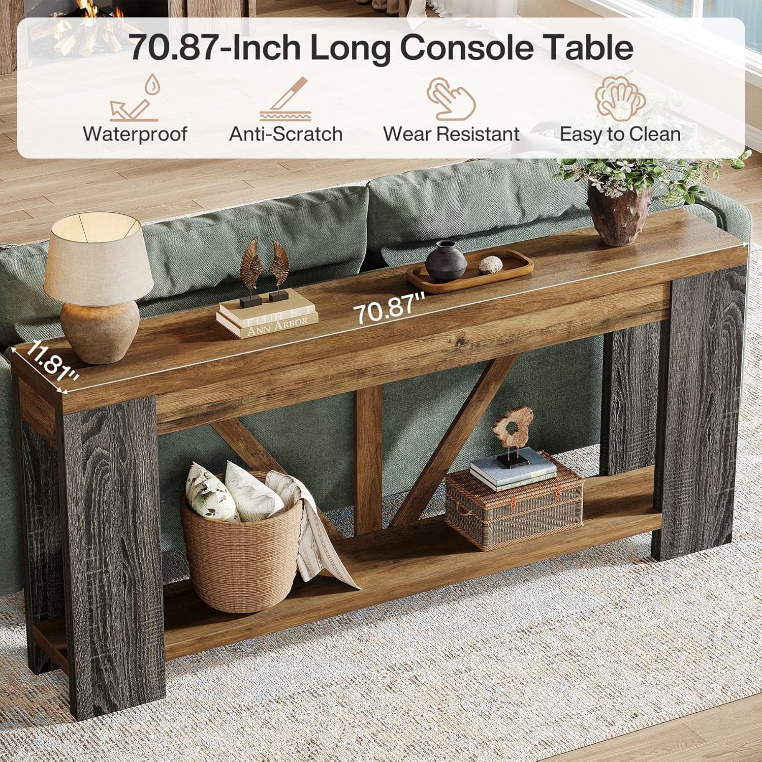 Finmind 70.9-Inch Extra Long Console Table with Storage for Entryway, Hallway, Foyer, Living Room, Brown