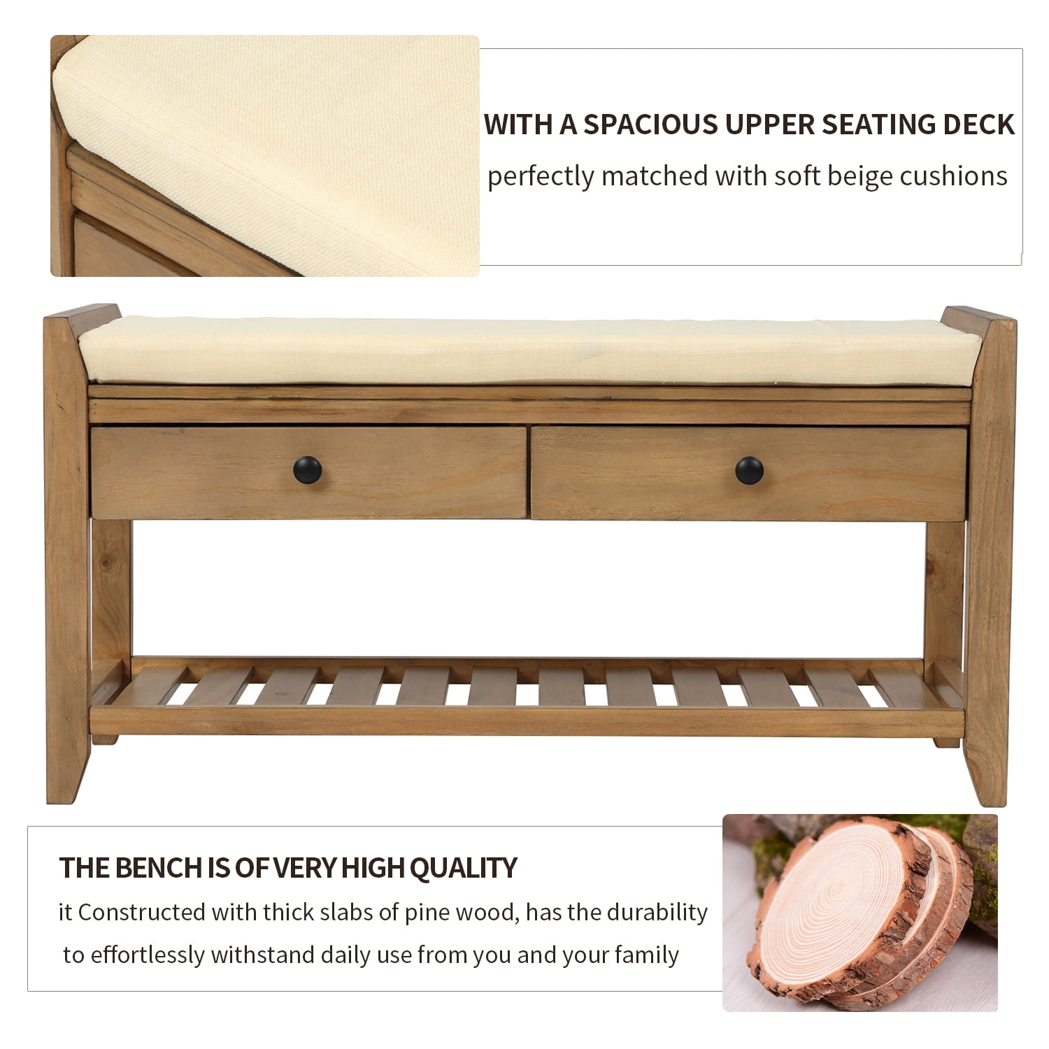 Shoe Rack Bench with Cushioned Seat and Drawers, Old Pine