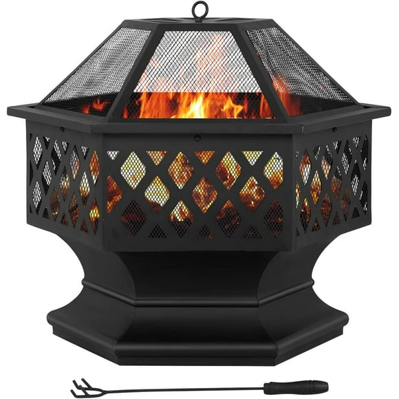 Outdoor Fire Pit 28" Patio Fire Pit Wood Burning Metal Fire Bowl Round Garden Stove with Charcoal Rack, Poker & Mesh Cover for Camping Picnic Bonfire Backyard,Black