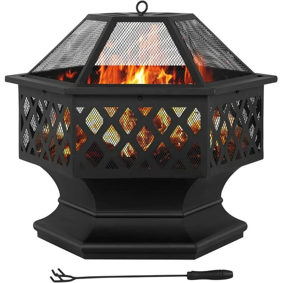 Foyer Extérieur 28 "Patio Feu de Bois Feu de Bois Bol en Métal Rond Poêle de Jardin avec Charbon de Bois, Poker & Couverture de Maille pour Camping Pique-Nique Feu de Camp, Noir