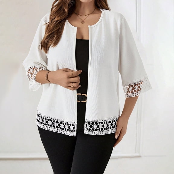 TaTaai Fall Cardigan Women 3/4 Sleeve Solid Trim Open Front Hollow Out Blouse Casual Lightweight for Autumn