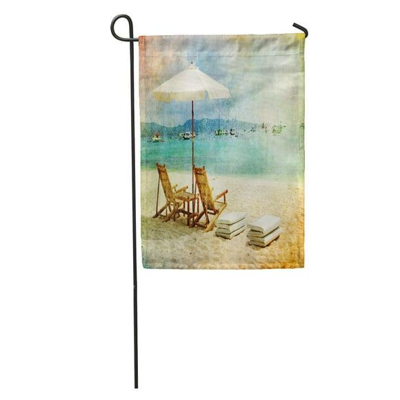 POGLIP Blue Vintage Tropical Beach Scene Retro Styled Hawaii Cottage Summertime Garden Flag Decorative Flag House Banner 12x18 inch
