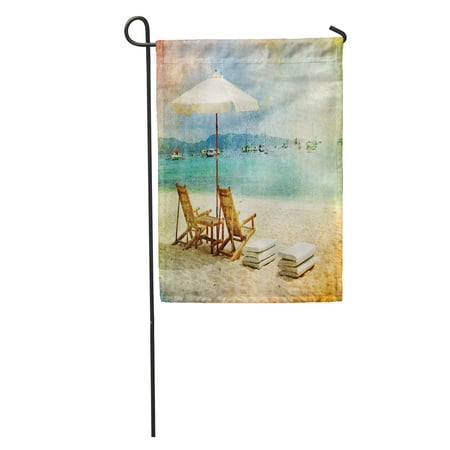 SIDONKU Blue Vintage Tropical Beach Scene Retro Styled Hawaii Cottage Summertime Garden Flag Decorative Flag House Banner 28x40 inch