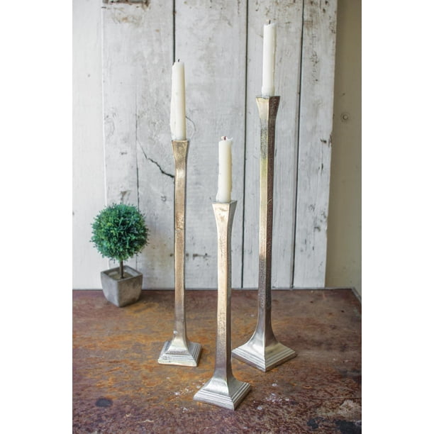 3 Pc Set of Tall & Narrow Antique Silver Taper Candle Holders for Floor