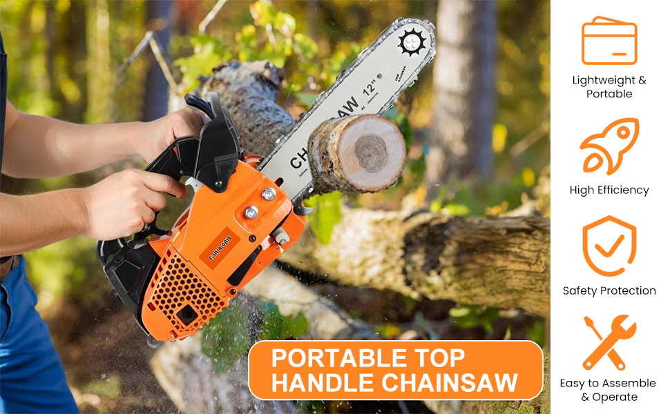 12-Inch Lightweight Gas Chainsaw 8lbs with Safety Lock, One-Hand Operation Chainsaw for Wood Cutting, Automatic Oiler System with Protective Case for Home & Professional Use.