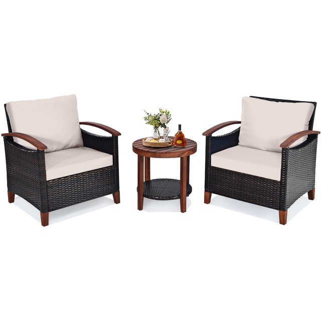 Patiojoy 3-Piece Patio Rattan Bistro Set Acacia Wood Frame Sofa and Side Table Beige