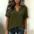 thumbnail image 4 of ClodeEU Women's V Neck Cuffed Short Sleeve Blouse,Solid Casual Loose Summer Top Army Green,Women's Plus L, 4 of 7