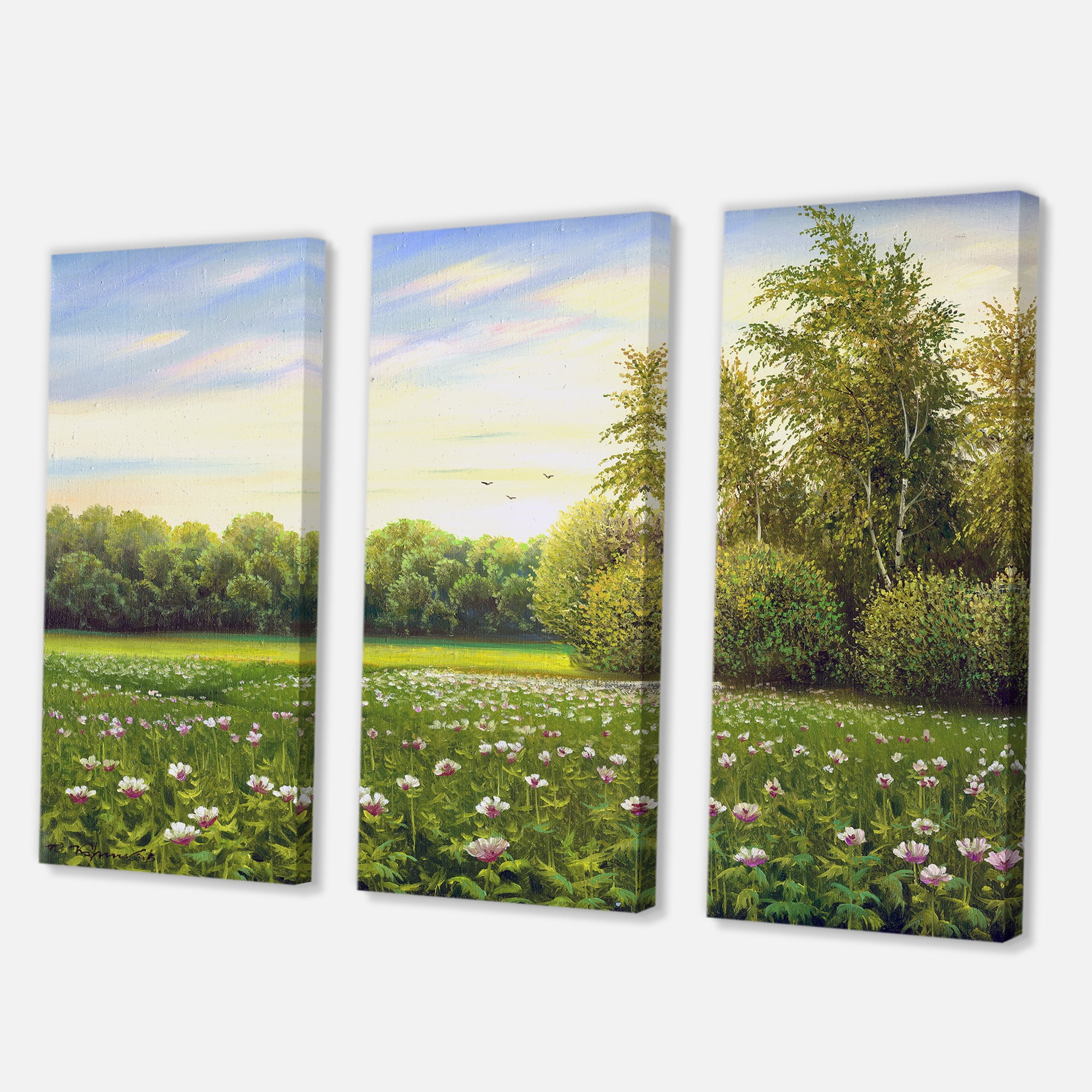 Designart ' Spring Trees By The Flowers and Meadows ' Country Canvas Wall Art Print