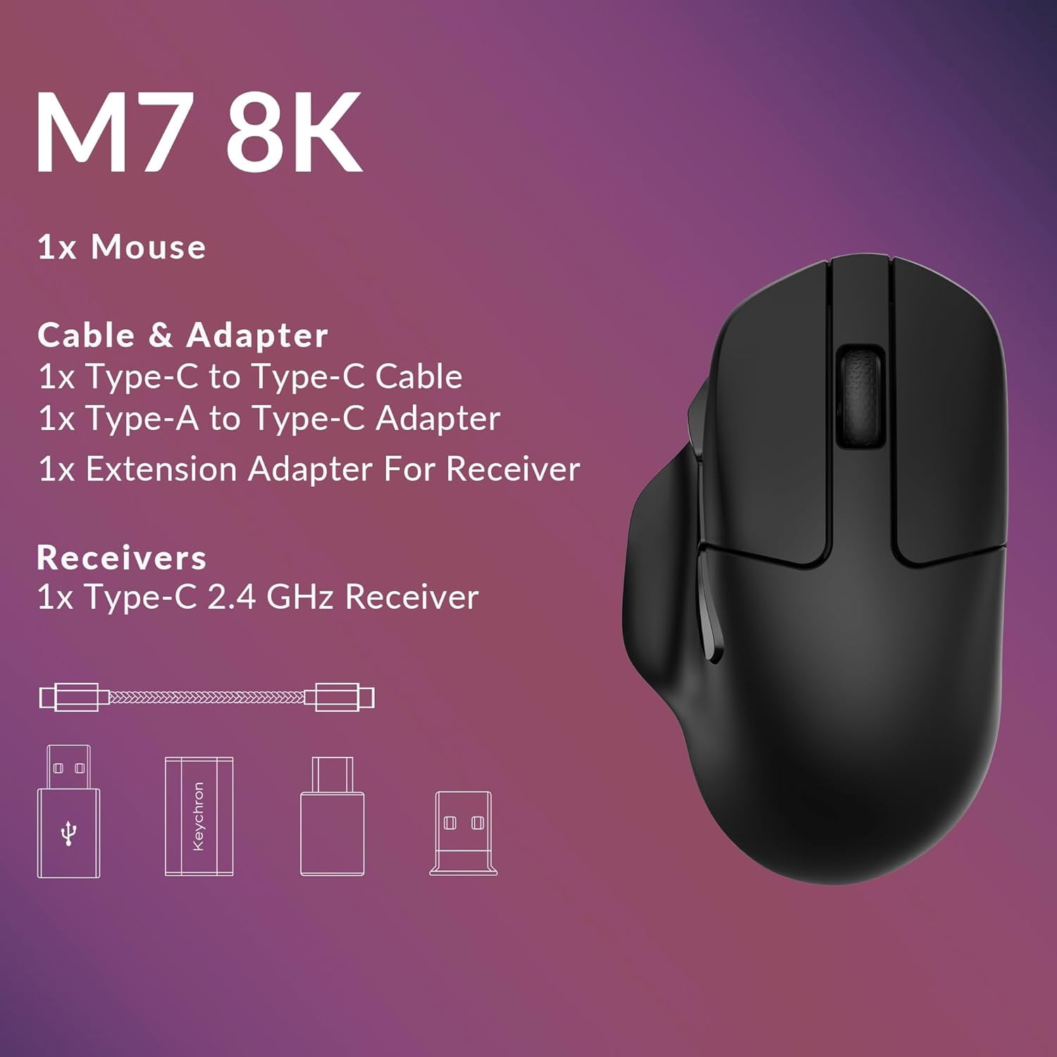 Keychron M7 8K Wireless Mouse, 2.4G/Bluetooth/Wired, Lightweight Ergonomic, PAW3950, Black