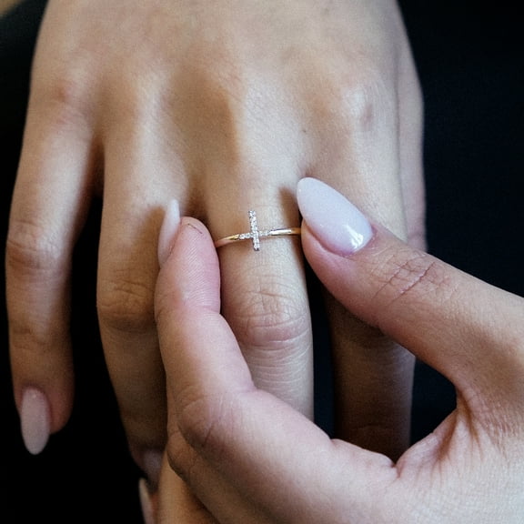 Anygolds 14K Real Solid Gold 0.04ctw Diamond Cross Band Ring Micropavé Genuine Natural Diamond - MR20092Y Yellow Gold