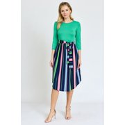 Vivid 3/4 Sleeve Multi Color Stripe Sash Midi Dress | S-3X