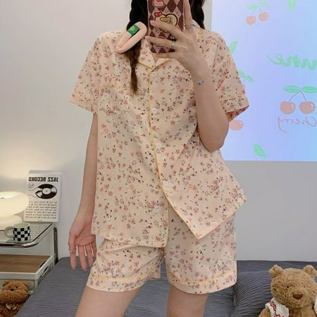 

PIKADINGNIS Satin Pajama Sets Women Floral Casual Home Cozy Soft Breathable Kawaii Sweet Style Ulzzang Simple Ins Retro Summer Short Young