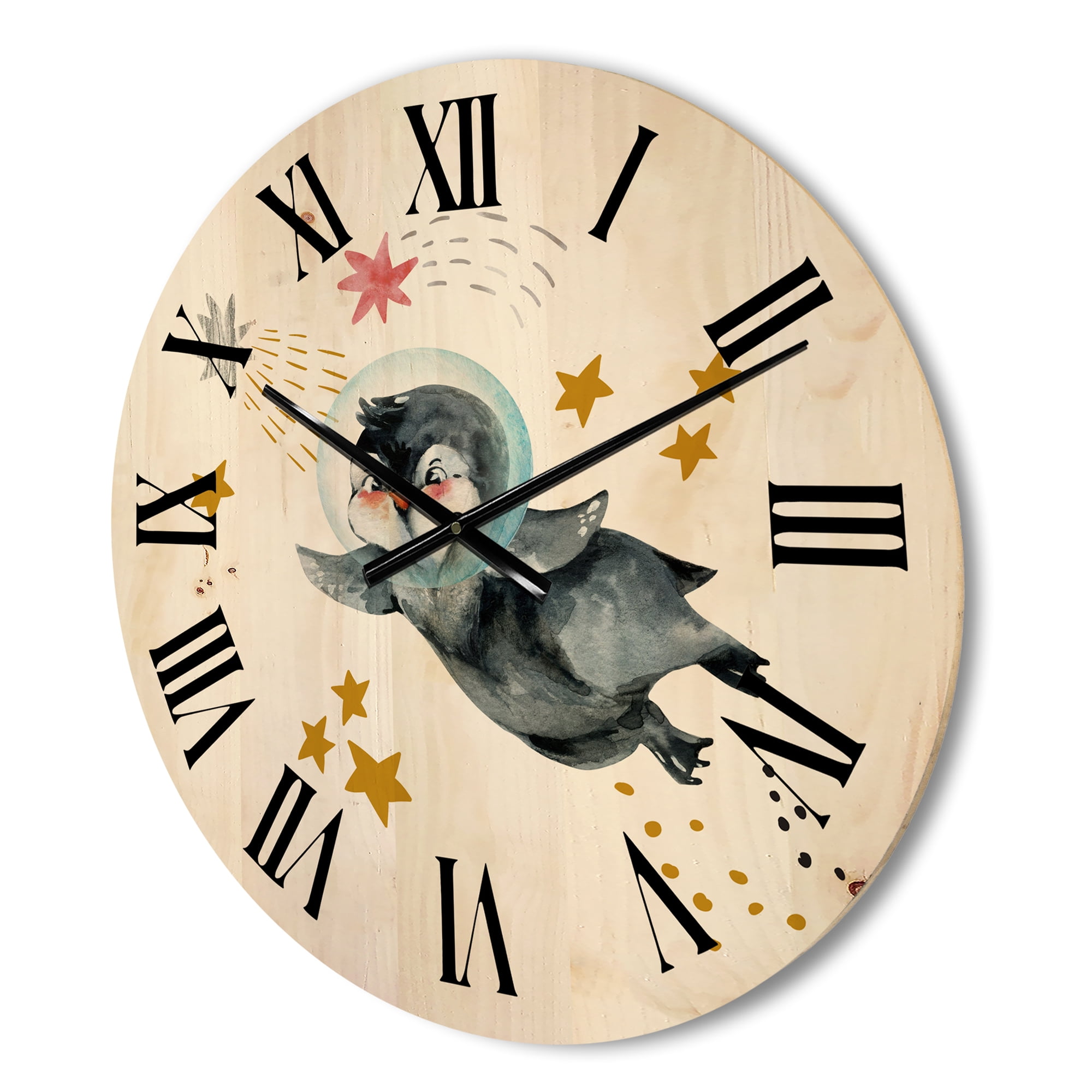 Designart 'Little Penguin Flying Planets and Stars I' Farmhouse Wood Wall Clock