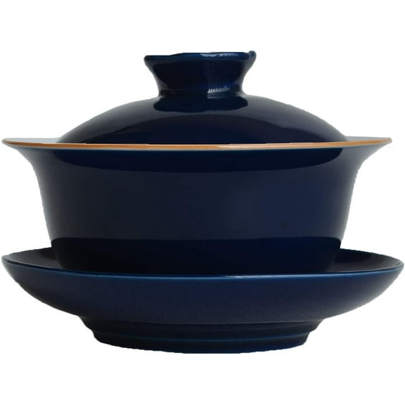 Porcelain Gaiwan 6.7oz Teacup White Glazed Tureen Chinese Sancai Cover Bowl Lip Saucer Set (Blue)