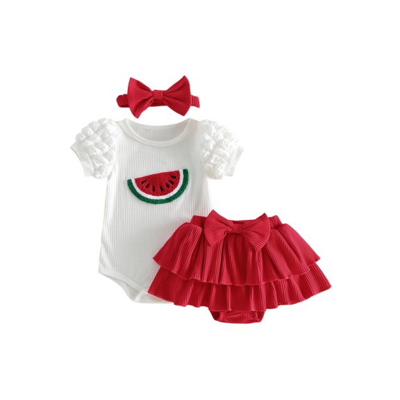 BemeyourBBs Newborn Baby Girl Litter Sister Outfits Infant Baby Girl Summer Clothes Letter Flower Watermelon Embroidery Short Sleeve Romper Elastic Waist Ruffles Skorts Skirt Headband Set