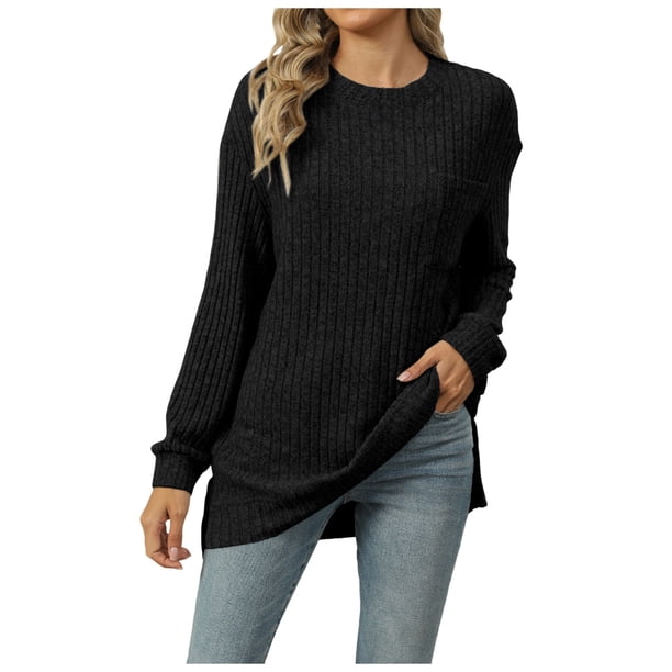 Jersey ligero de manga larga y cuello redondo para mujer - Jersey túnica informal, poliéster de color liso, tallas S-XXL para el otoño