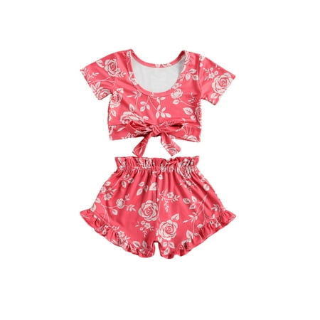 

Multitrust Short Sleeve Round Neck Bowknot T-shirt + Ruffle Drawstring Shorts
