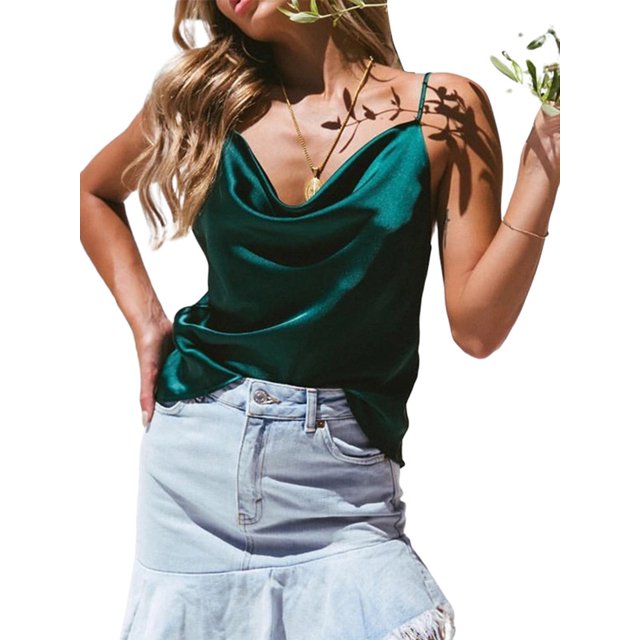 LUXUR Débardeur Femme Sans Manches Dos Nu Ajustable Col Drapé T-Shirts Cyan S
