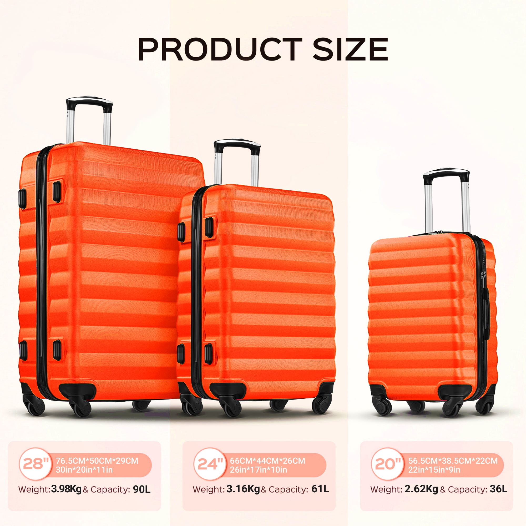 3 Piece Luggage Sets with 6 PC Organize Bags Lightweight Suitcases with Spinner Wheels, Orange