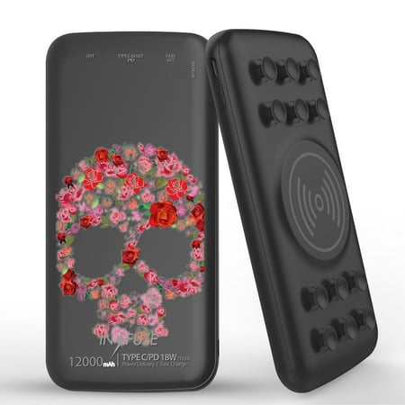 

INFUZE Qi Wireless Portable Charger for Samsung Galaxy S21 FE Battery (12000 mAh 18W Power Delivery USB-C/USB-A Quick Charge 3.0 Ports Suction Cups) with Touch Tool - Red Rose Skull