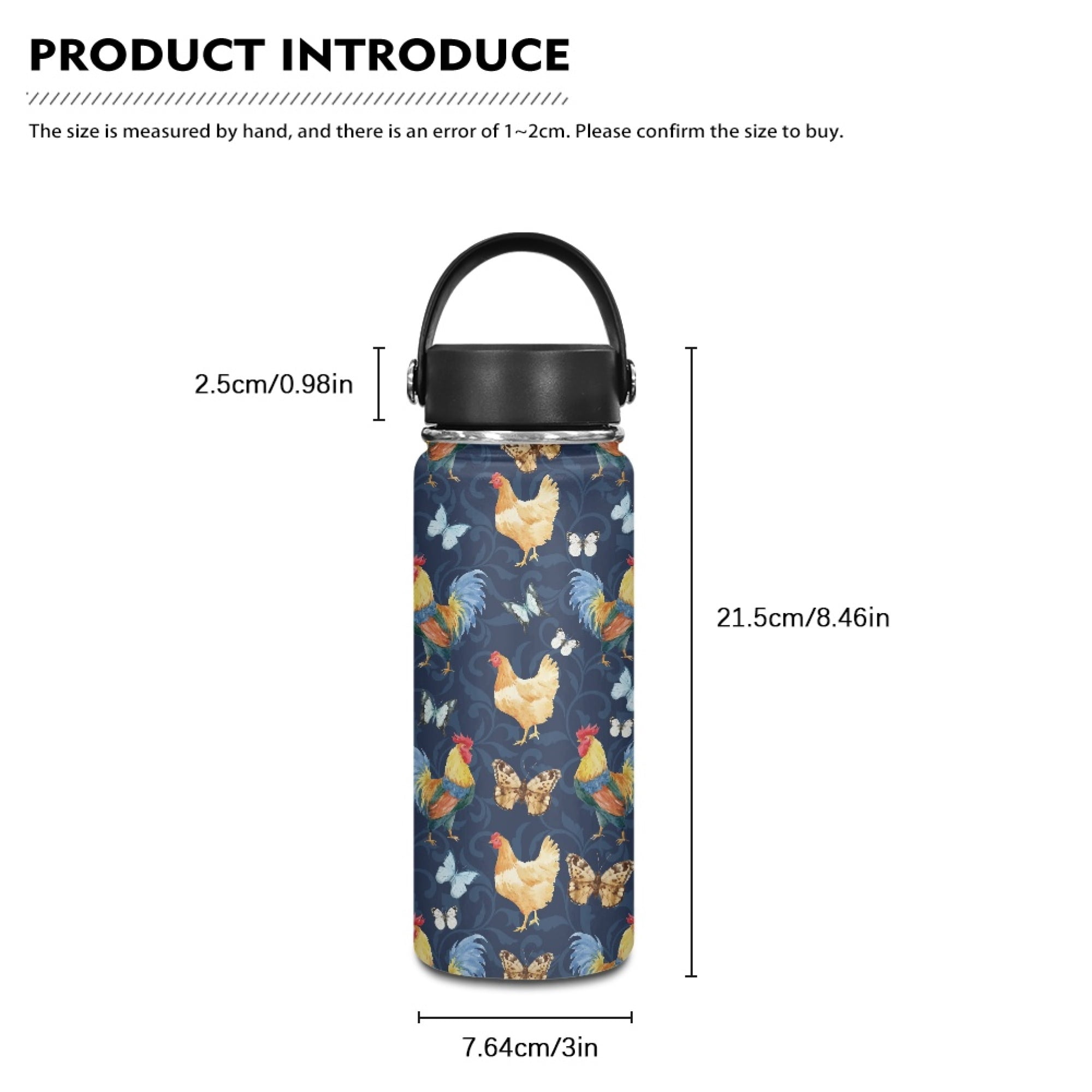 SEANATIVE Butterfly Chicken Water Bottles for Girls 18oz Leak Proof Double Walled Stainless Steel Gym Bottles for Women Men Insulated Hot Cold Hiking Canteen