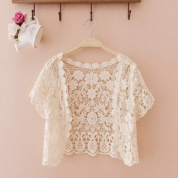 YVNAURA Women's Cotton Embroidered Lace Cardigan Short Bat Sleeve Loose Fit Shawl Open Front Lightweight Spring Summer Cardigan with Hollow Out Embroidery, Beige,A