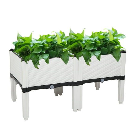 2-Pack White Self-Watering Modular Garden Planter Boxes – Free Assembly, Rattan Design for Indoor/Outdoor Use