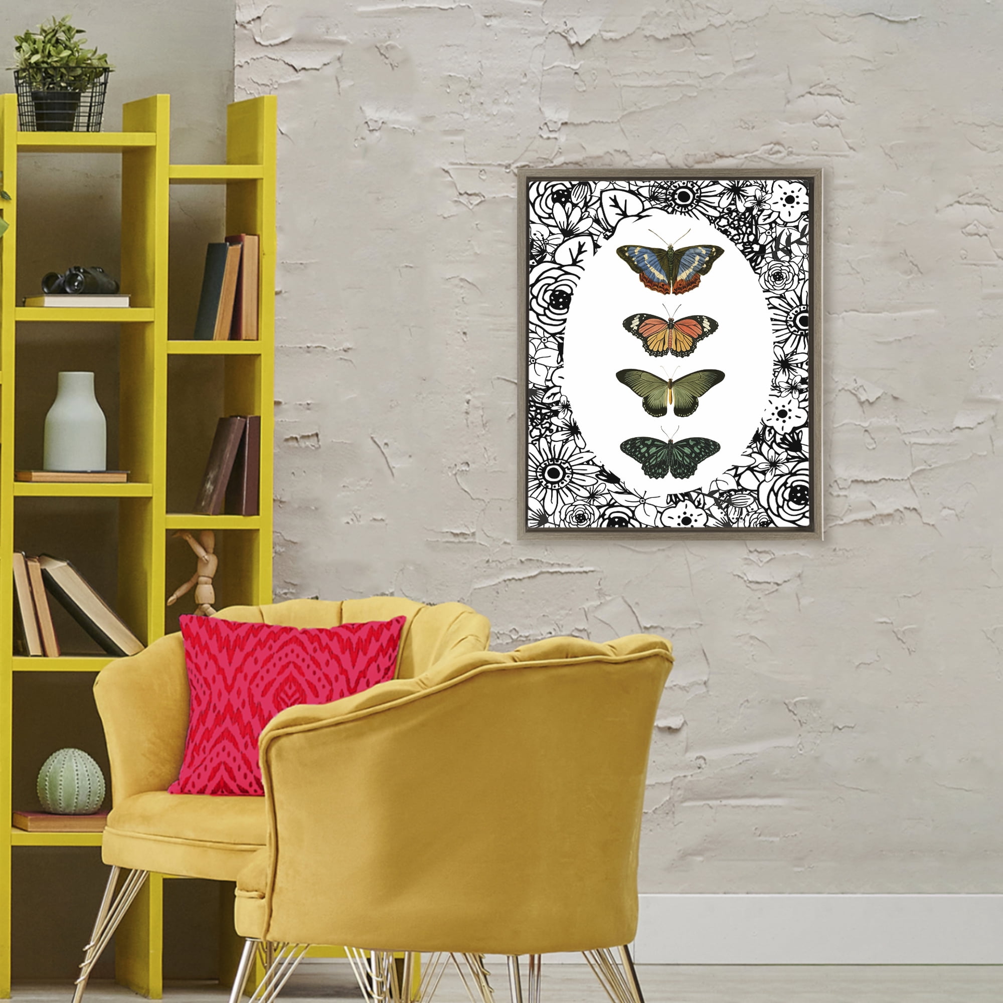 Stupell Industries Floral Border Butterfly Lineup Brown Framed Floater Canvas Wall Art, design by Dan Meneely