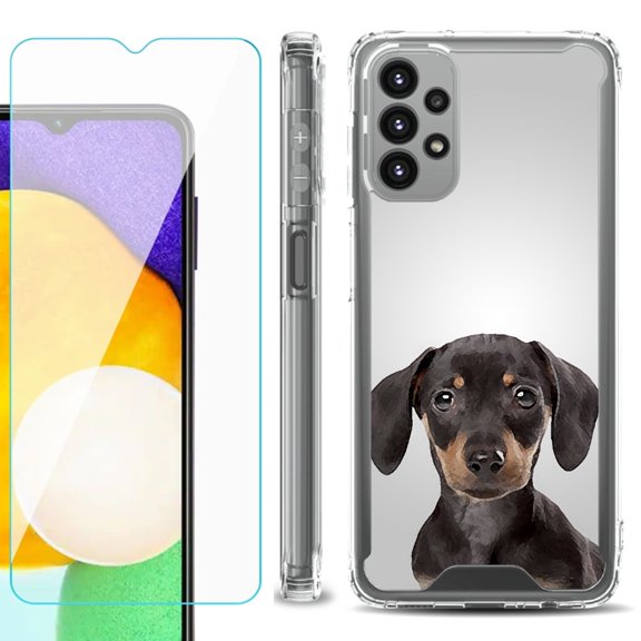 Shockproof Bumper Phone Case for Samsung Galaxy A23 5G, with Tempered Glass Screen Protector, by OneToughShield ® - Dachshund Face