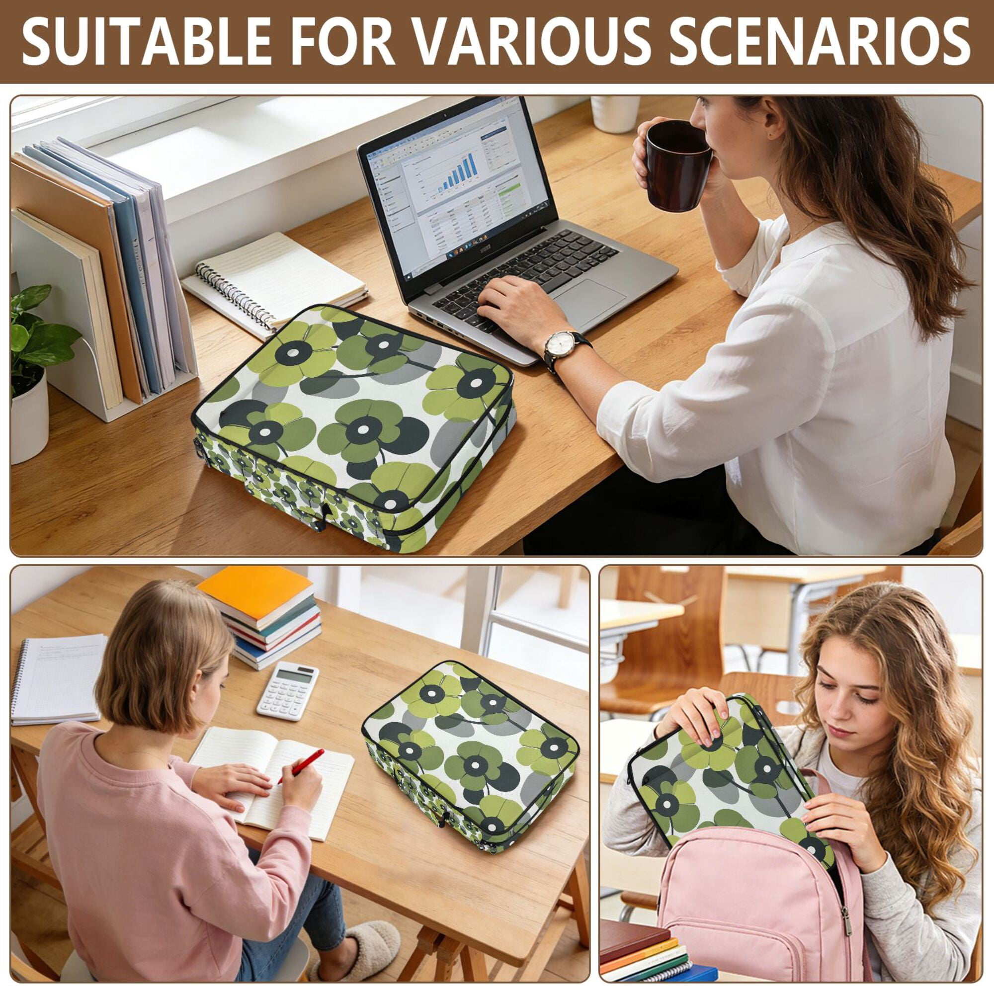 FORMRS Accordion File Folder A4 Size 7-Pocket Expanding Document Organizer Bag with 3 Ring Binder, Gray Floral