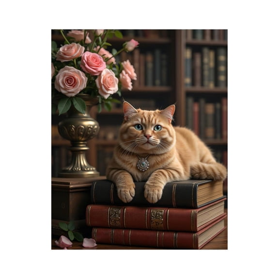 Paint by Numbers Kit for Adults, Cat Library Roses Books Charm Paint by Numbers, Easy Paint by Numbers Kit for Adults Beginner, DIY Adult Paint by Number Kits on Canvas, Home Decor