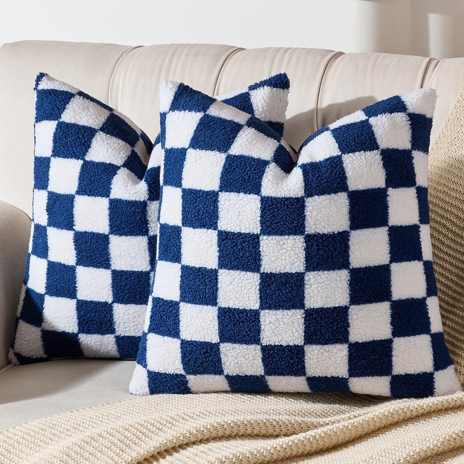 Lanola Pack of 2 Decorative Throw Pillow Covers Checkerboard Luxury Super Soft Faux Fur Wool Set Case Cushion for Couch Sofa Bedroom 18 x 18-Inch Camel