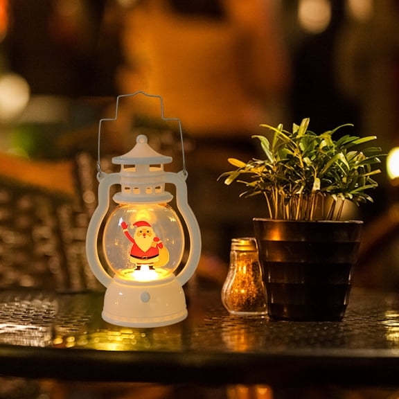 Christmas Lantern LED Decorative Light, Portable Vintage Holiday Lantern with Santa Snowman Christmas Tree Design, Warm Glow Tabletop Ornament for Home Party Mantel Holiday Decor