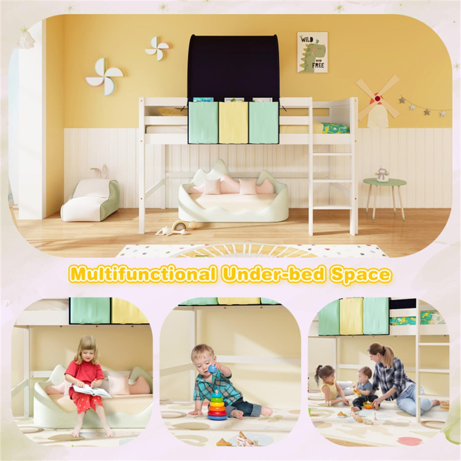 Demi Bonn Loft Bed Twin Size, Solid Wood Low Loft Bed with Tower Tent and 3 Storage Pockets, Modern Wooden Bed Frame, Blue