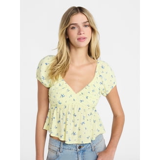 No Boundaries Women's Ruffle Woven Top with V-neck Front Ties and
