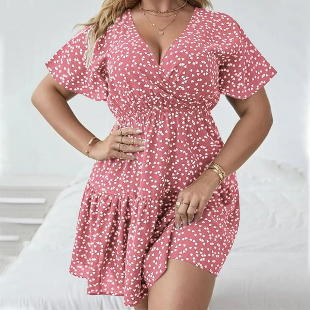 Robes pour Femmes Femmes Grande Taille Imprimé Taille Élastique Col en V Manches Courtes Robe en Liquidation