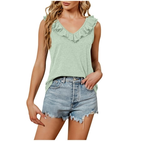 

Zodggu Underwaist Tank Tops for Women 2023 Sales Loose Fit Flowy Comfy Leisure Crop Tops Soft Cotton Trendy Sleeveless Womens Tops Ruffled Solid Camiso Summer Tanks Ruffle V Neck Shirts Green 4