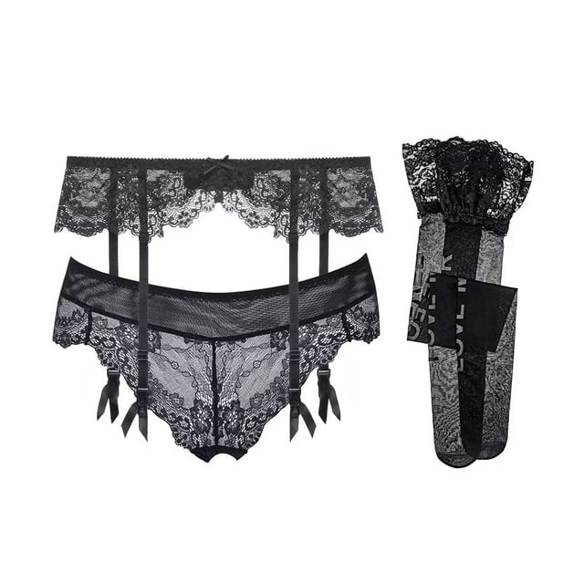 Sexy Lace Garter Belts Panties Printing Stockings for Women's 3 Piece