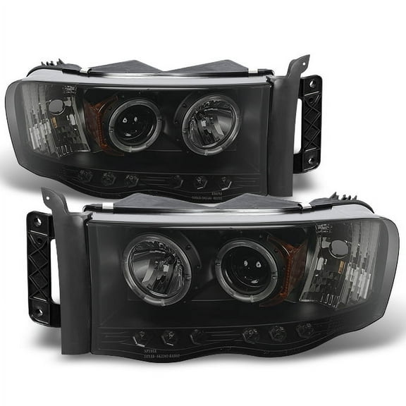AKKON - For 2002-2005 Dodge Ram 1500 | 2003-2005 Ram 2500 3500 Black Smoke Dual Halo Projector LED Headlights