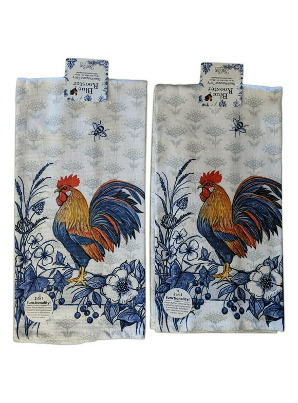 Set of 2 BLUE ROOSTER Floral Terry Kitchen Towels by Kay Dee Designs