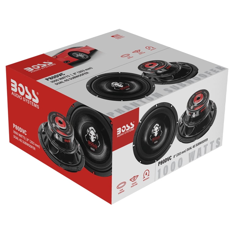 BOSS P80DVC 8'' Car Subwoofer, Dual 4 Ohm, 100W Max, Phantom