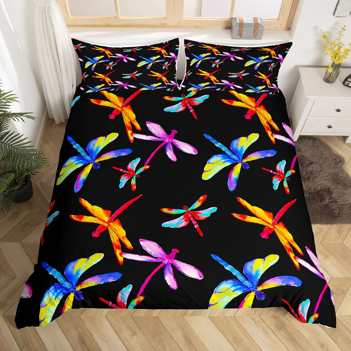 Dragonfly Duvet Cover Queen, Rainbow Dragonfly Bedding Set for Girls