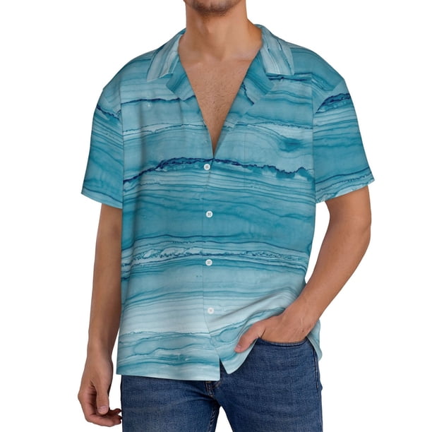Balery Teal Turquoise Fluid Stripes Camisa Casual de Manga Corta con Botones para Hombre, Texturizada, Estilo Cubano, para Playa, Verano-4X-Large