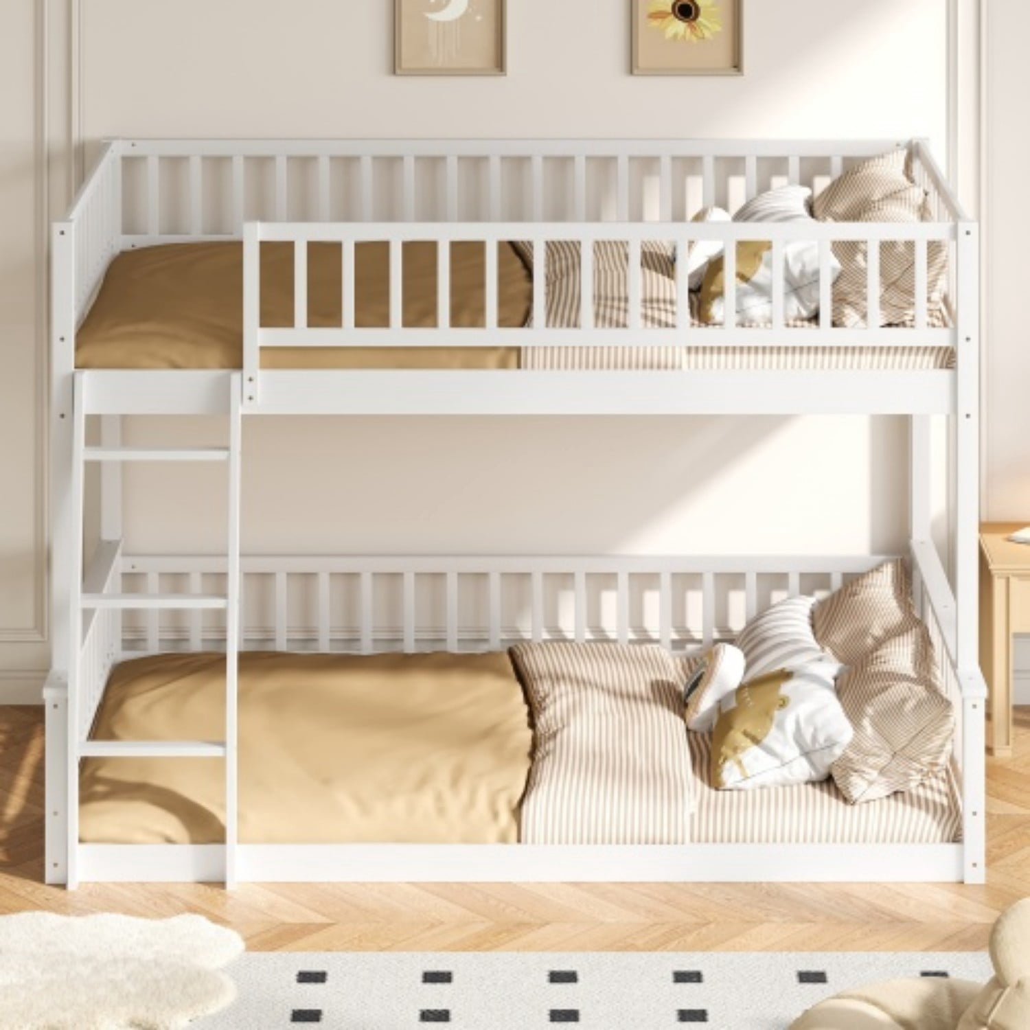 Full XL Over Queen Bunk Bed with Ladder, Convertible Wood Bunk Bed Frame with Safety Guardrails, Solid Pine Wood Space Saving Bed for Bedroom, White