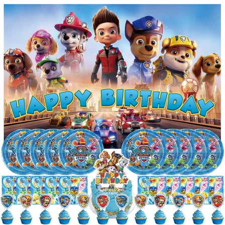 34 Piece For Paw Cartoon Themed For Patrol Celebration Birthday Decor Set – Includes Backdrop, Cake Topper, 12 Cupcake Toppers, 10 Paper Plates, and 10 Napkins for Party Favors and Events