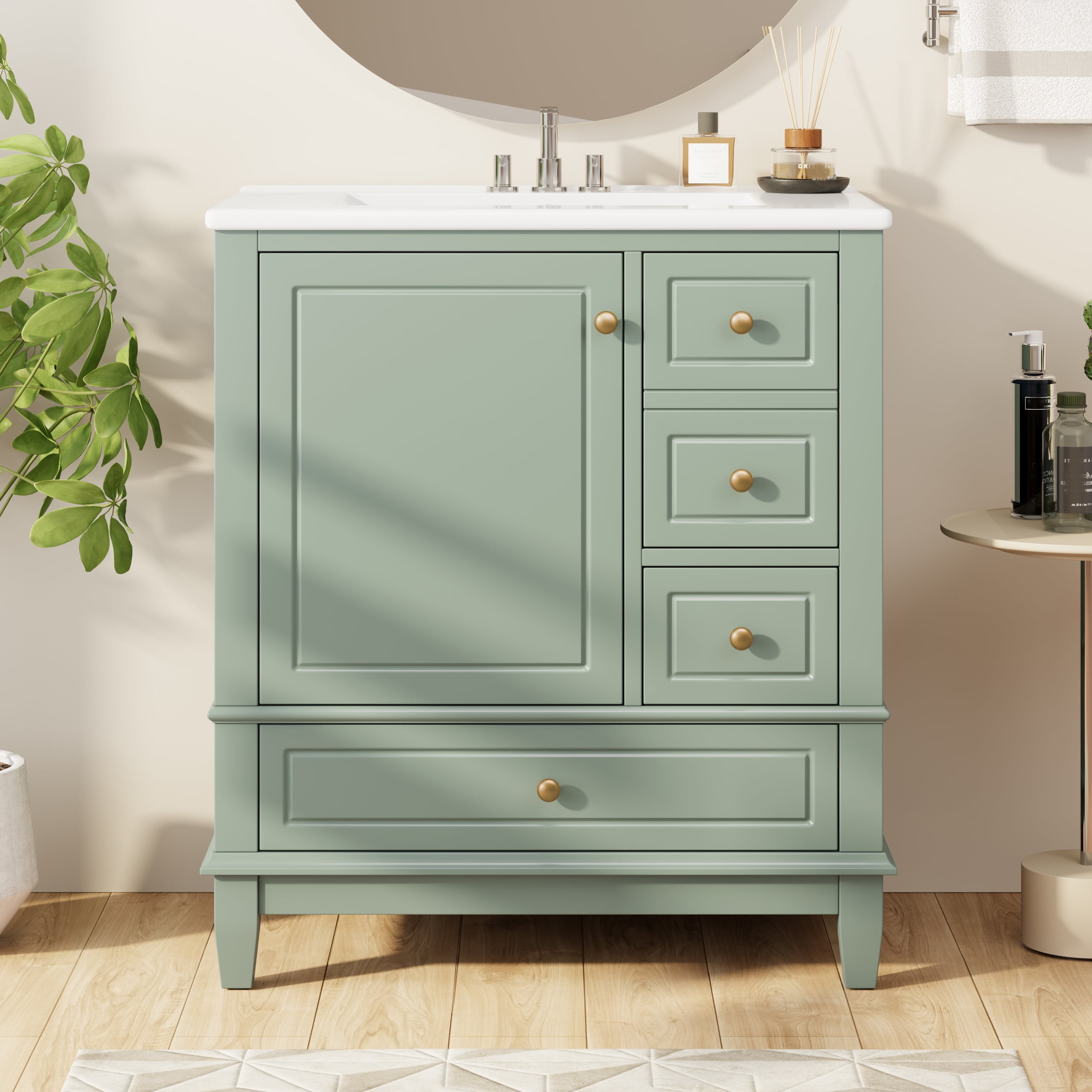 Euroco 30" Bathroom Vanity with Sink, One Door with Shelf and Three Drawers, Soft Close Door, Light Green