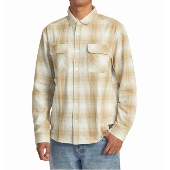 RVCA Mens Long Sleeve Woven Button Front Flannel Shirt - Dayshift Flannel (Khaki, Large)